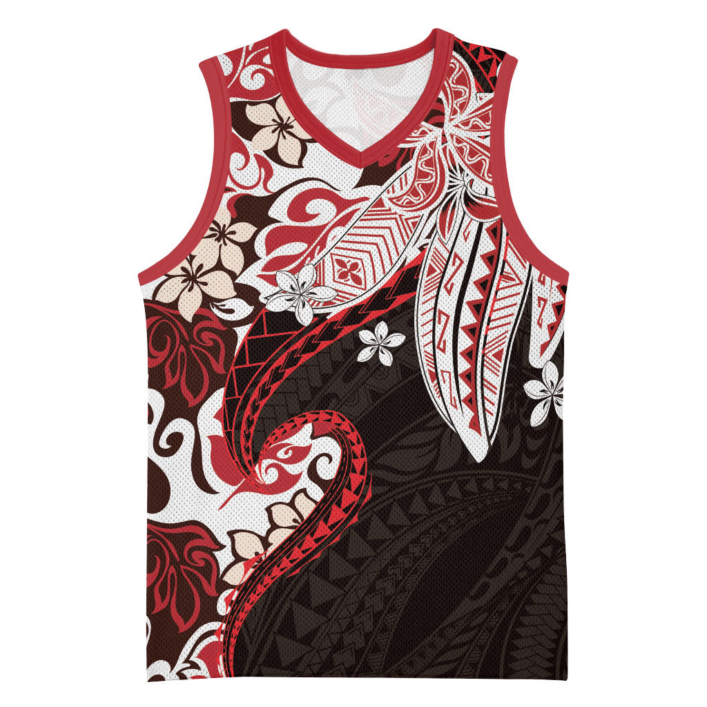 Monstera Plumeria Flowers Red Basketball Jersey Polynesian Pattern