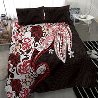 Monstera Plumeria Flowers Red Bedding Set Polynesian Pattern