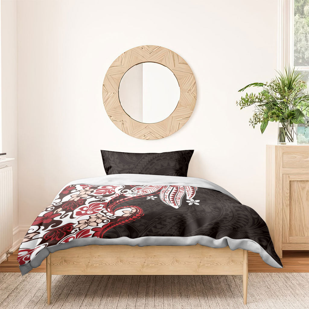 Monstera Plumeria Flowers Red Bedding Set Polynesian Pattern