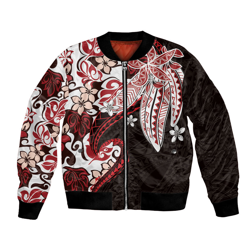 Monstera Plumeria Flowers Red Bomber Jacket Polynesian Pattern