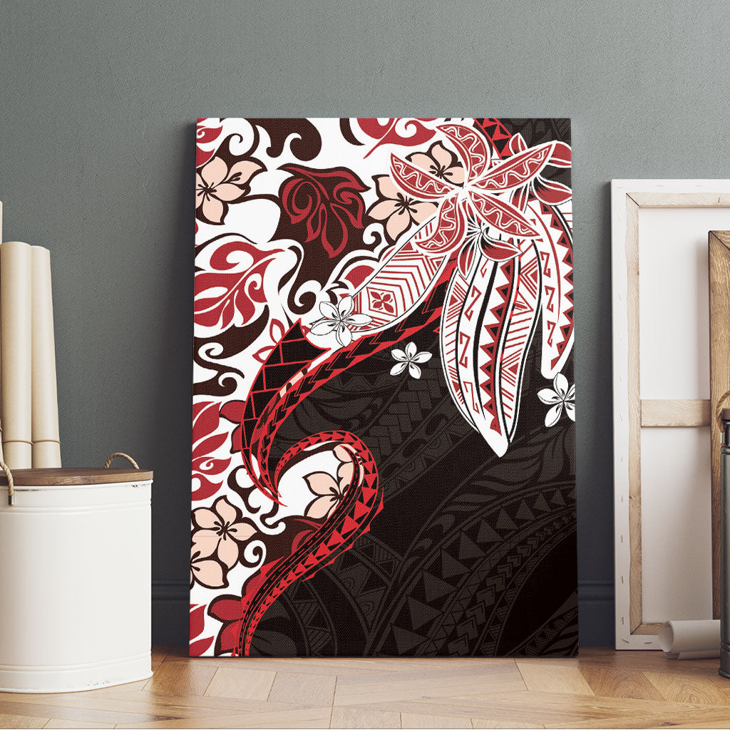 Monstera Plumeria Flowers Red Canvas Wall Art Polynesian Pattern
