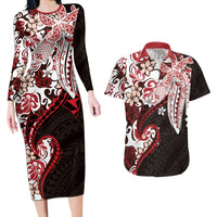 Monstera Plumeria Flowers Red Couples Matching Long Sleeve Bodycon Dress and Hawaiian Shirt Polynesian Pattern