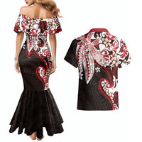 Monstera Plumeria Flowers Red Couples Matching Mermaid Dress and Hawaiian Shirt Polynesian Pattern