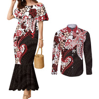 Monstera Plumeria Flowers Red Couples Matching Mermaid Dress and Long Sleeve Button Shirt Polynesian Pattern