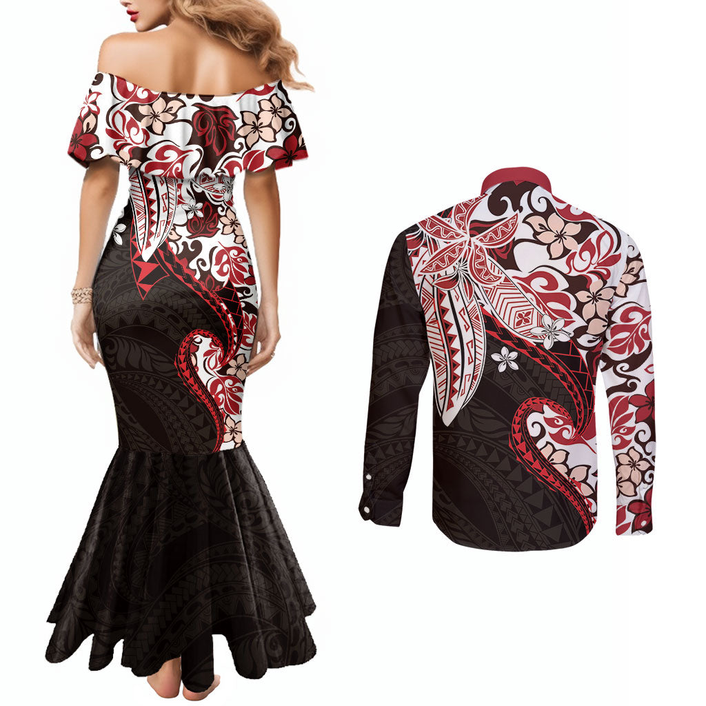 Monstera Plumeria Flowers Red Couples Matching Mermaid Dress and Long Sleeve Button Shirt Polynesian Pattern