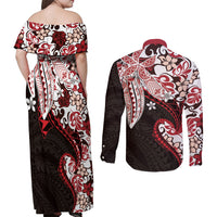 Monstera Plumeria Flowers Red Couples Matching Off Shoulder Maxi Dress and Long Sleeve Button Shirt Polynesian Pattern