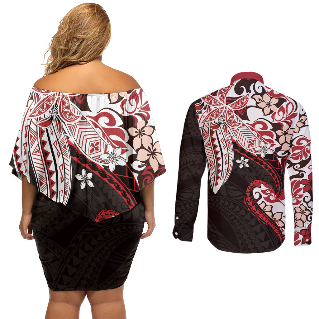 Monstera Plumeria Flowers Red Couples Matching Off Shoulder Short Dress and Long Sleeve Button Shirt Polynesian Pattern