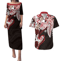 Monstera Plumeria Flowers Red Couples Matching Puletasi and Hawaiian Shirt Polynesian Pattern