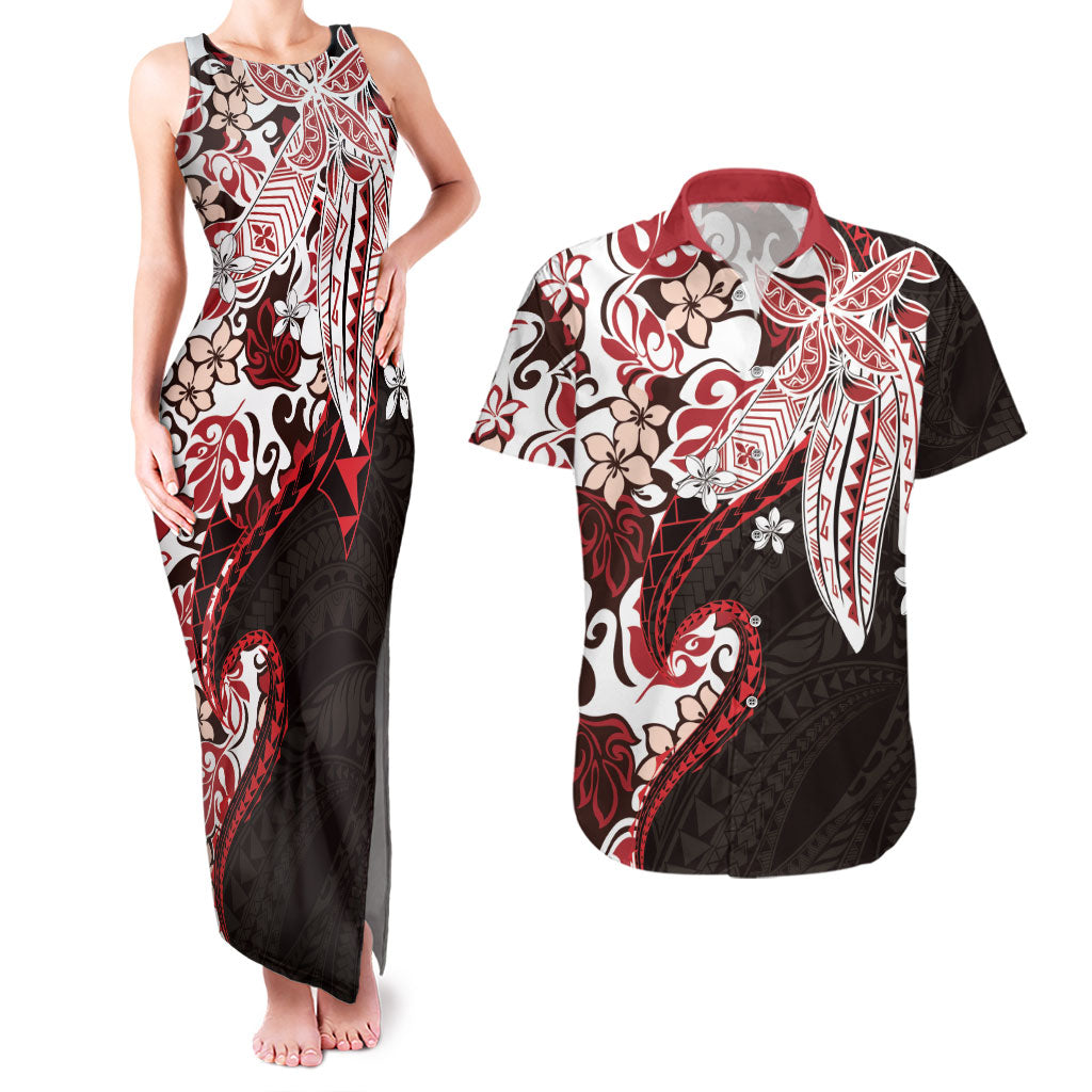 Monstera Plumeria Flowers Red Couples Matching Tank Maxi Dress and Hawaiian Shirt Polynesian Pattern