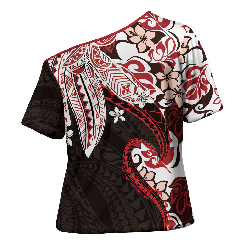 Monstera Plumeria Flowers Red Cross Shoulder Shirt Polynesian Pattern