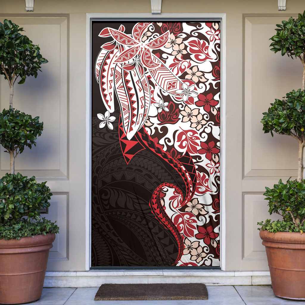 Monstera Plumeria Flowers Red Door Cover Polynesian Pattern