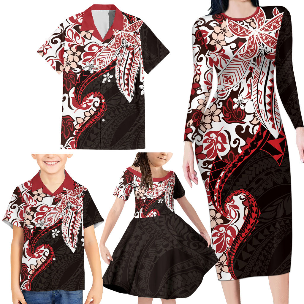 Monstera Plumeria Flowers Red Family Matching Long Sleeve Bodycon Dress and Hawaiian Shirt Polynesian Pattern LT01 - Polynesian Pride