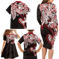Monstera Plumeria Flowers Red Family Matching Long Sleeve Bodycon Dress and Hawaiian Shirt Polynesian Pattern LT01 - Polynesian Pride