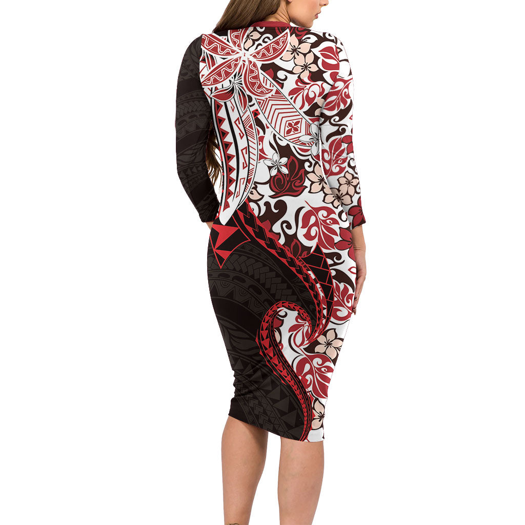 Monstera Plumeria Flowers Red Family Matching Long Sleeve Bodycon Dress and Hawaiian Shirt Polynesian Pattern LT01 - Polynesian Pride