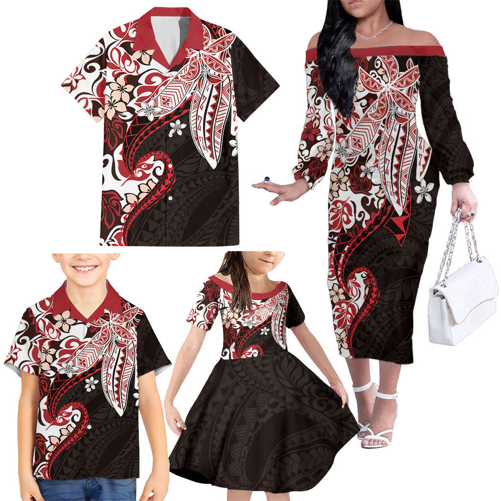 Monstera Plumeria Flowers Red Family Matching Off The Shoulder Long Sleeve Dress and Hawaiian Shirt Polynesian Pattern