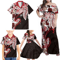 Monstera Plumeria Flowers Red Family Matching Off Shoulder Maxi Dress and Hawaiian Shirt Polynesian Pattern