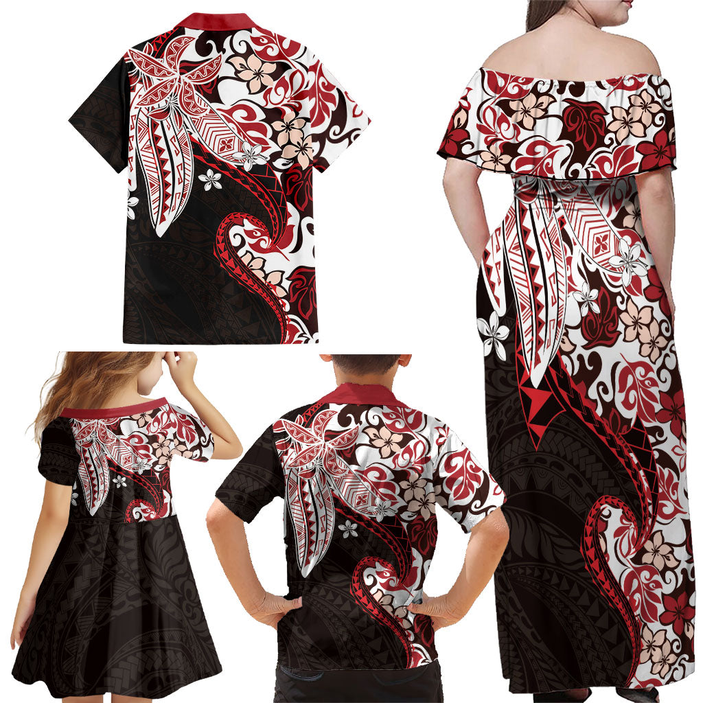 Monstera Plumeria Flowers Red Family Matching Off Shoulder Maxi Dress and Hawaiian Shirt Polynesian Pattern