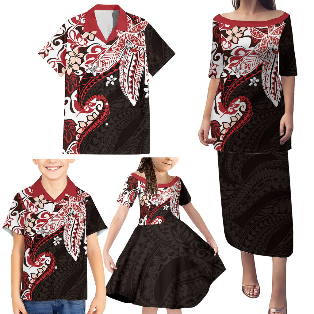 Monstera Plumeria Flowers Red Family Matching Puletasi and Hawaiian Shirt Polynesian Pattern