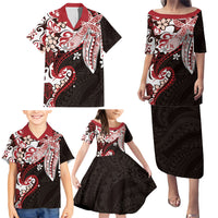 Monstera Plumeria Flowers Red Family Matching Puletasi and Hawaiian Shirt Polynesian Pattern
