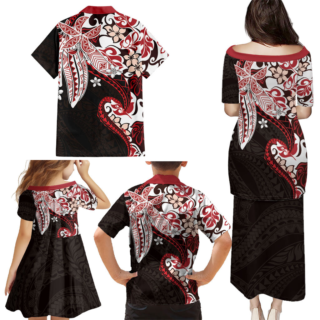 Monstera Plumeria Flowers Red Family Matching Puletasi and Hawaiian Shirt Polynesian Pattern