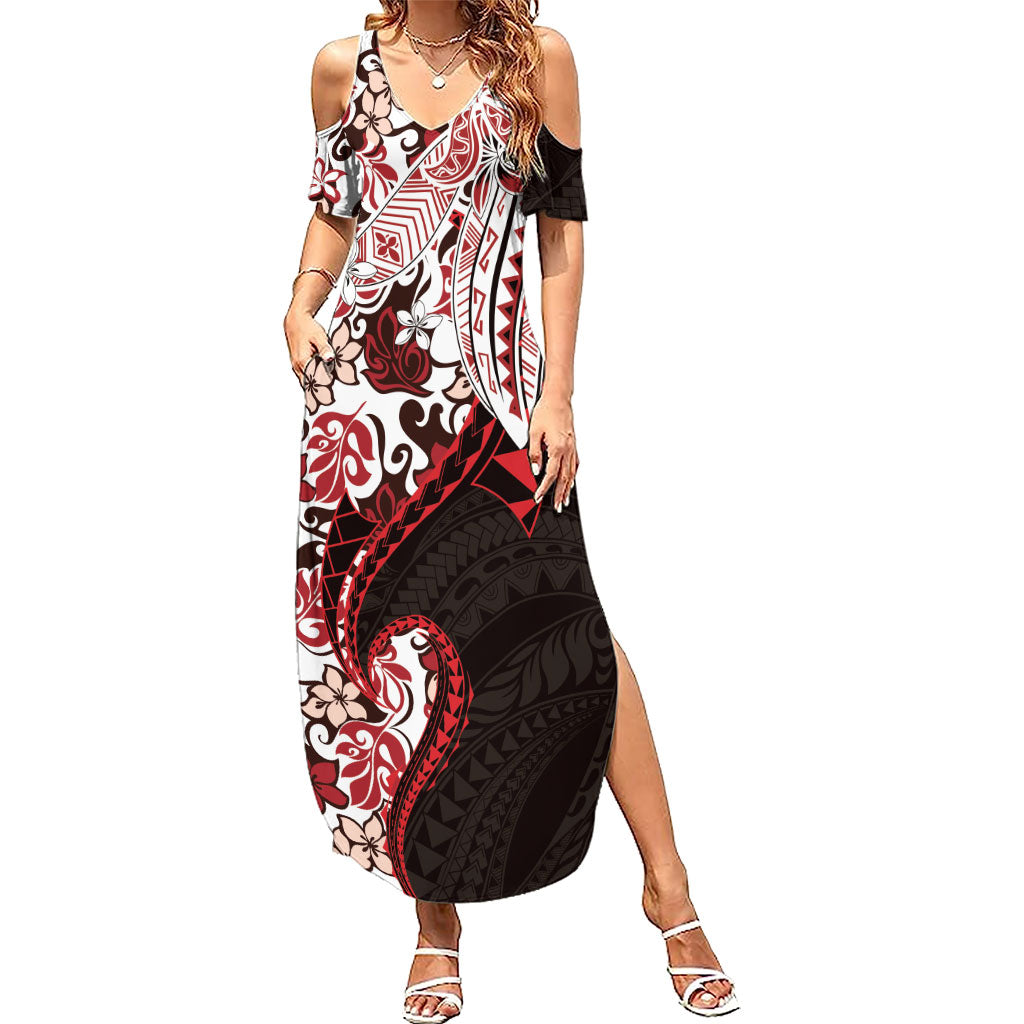 Monstera Plumeria Flowers Red Family Matching Summer Maxi Dress and Hawaiian Shirt Polynesian Pattern