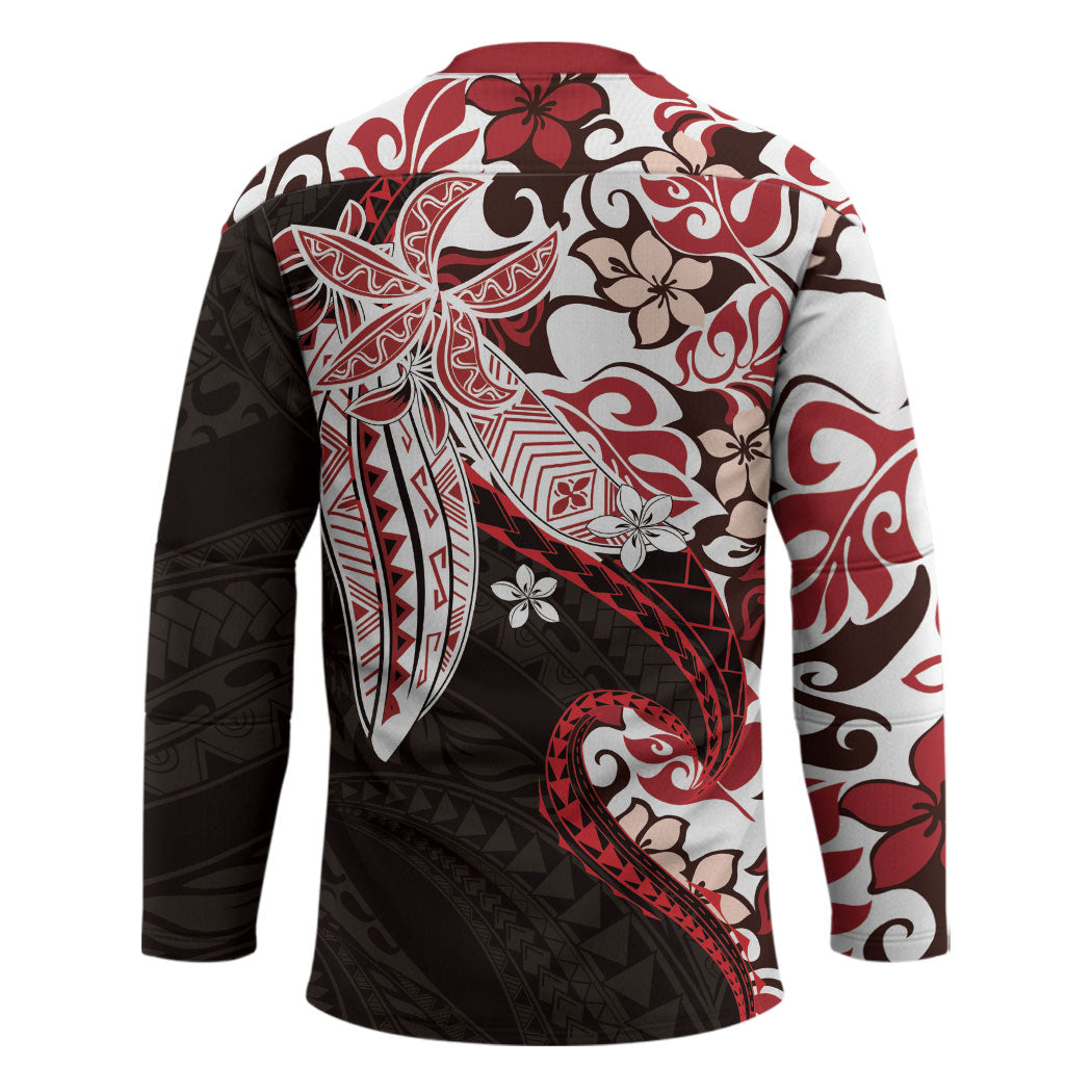 Monstera Plumeria Flowers Red Hockey Jersey Polynesian Pattern