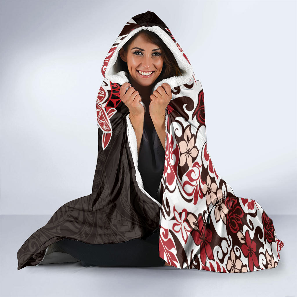 Monstera Plumeria Flowers Red Hooded Blanket Polynesian Pattern