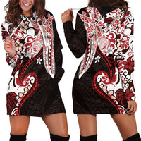 Monstera Plumeria Flowers Red Hoodie Dress Polynesian Pattern