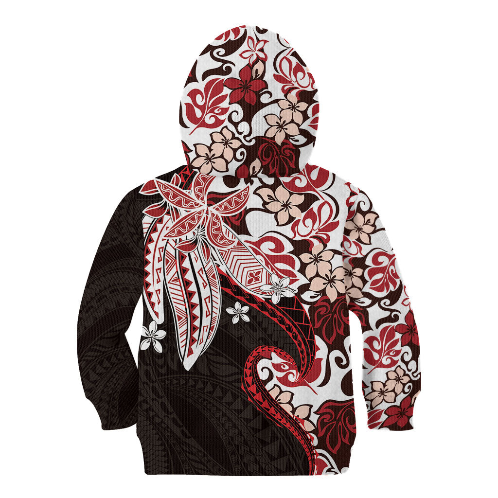 Monstera Plumeria Flowers Red Kid Hoodie Polynesian Pattern