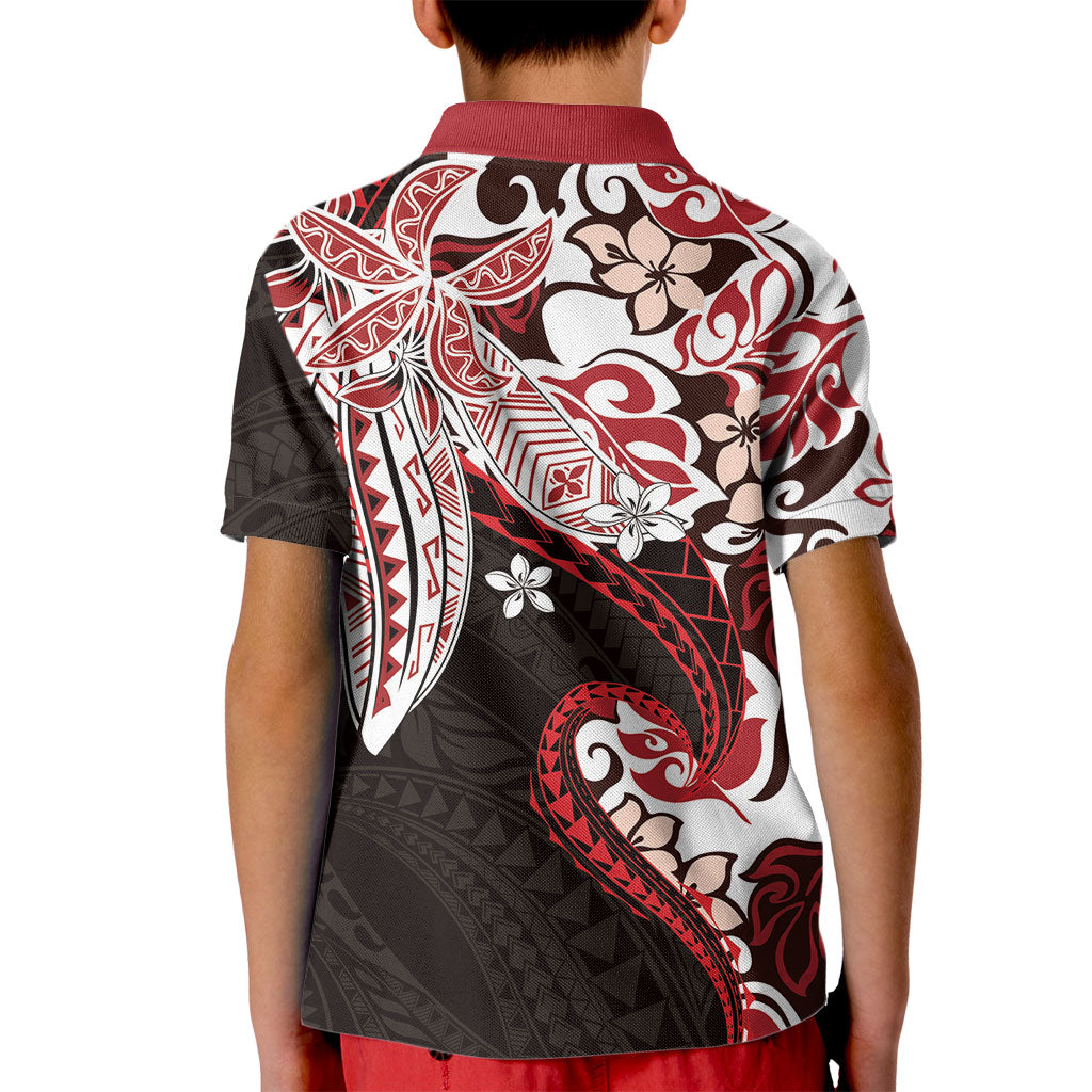 Monstera Plumeria Flowers Red Kid Polo Shirt Polynesian Pattern