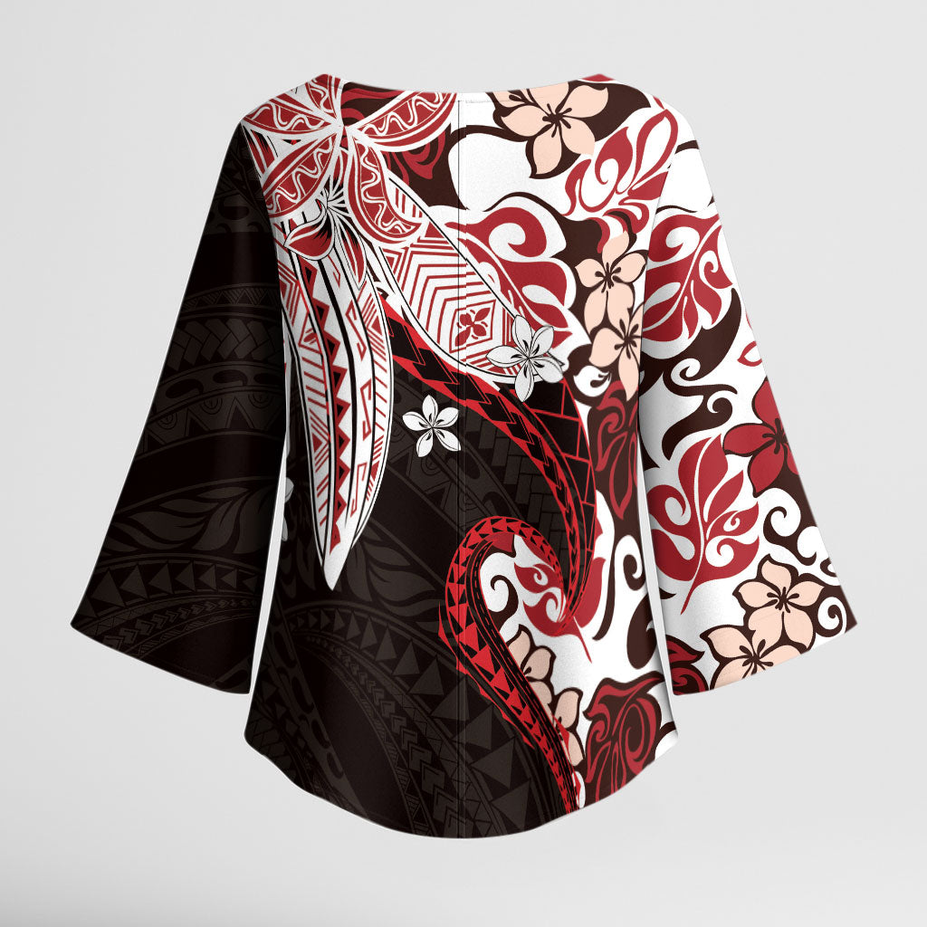 Monstera Plumeria Flowers Red Kimono Sleeve Blouse Polynesian Pattern