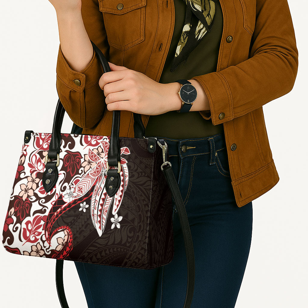 Monstera Plumeria Flowers Red Leather Bag Polynesian Pattern