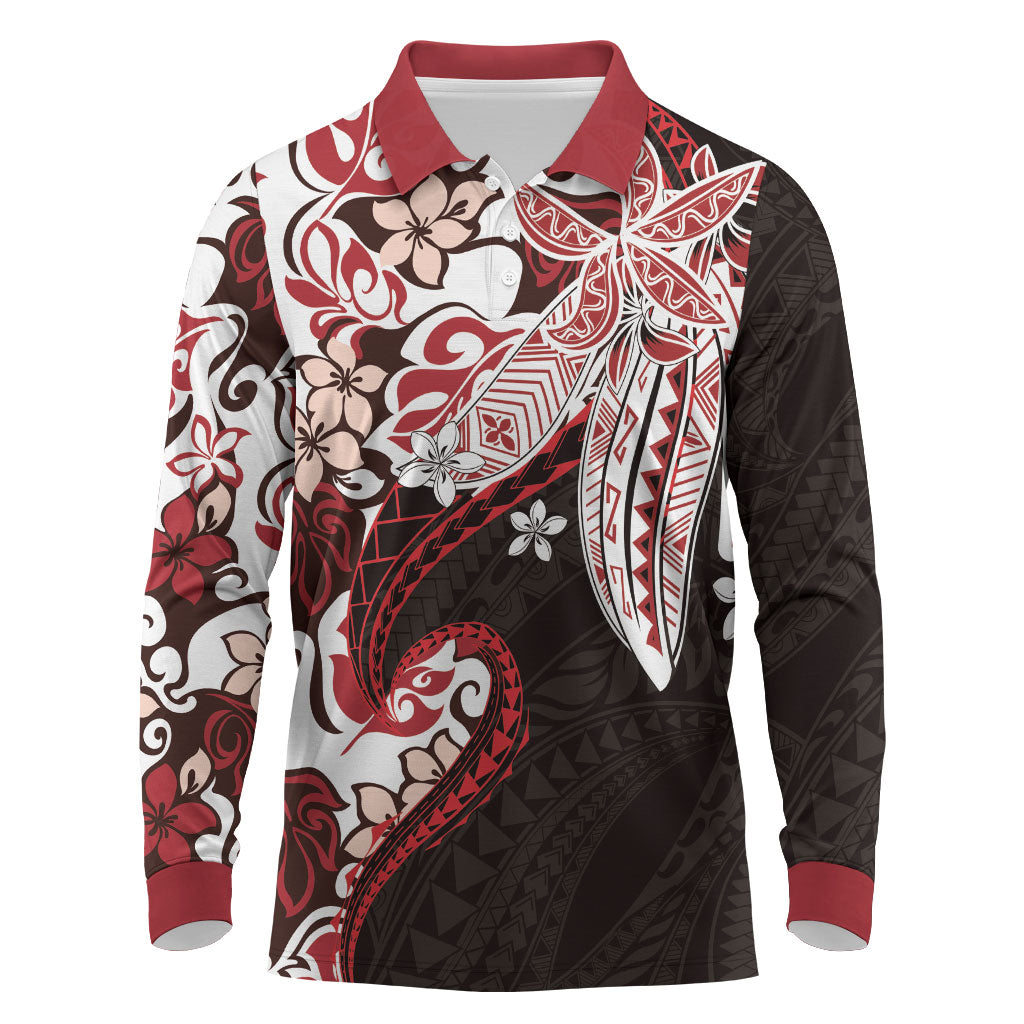 Monstera Plumeria Flowers Red Long Sleeve Polo Shirt Polynesian Pattern