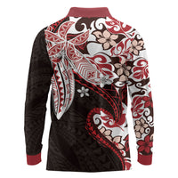 Monstera Plumeria Flowers Red Long Sleeve Polo Shirt Polynesian Pattern