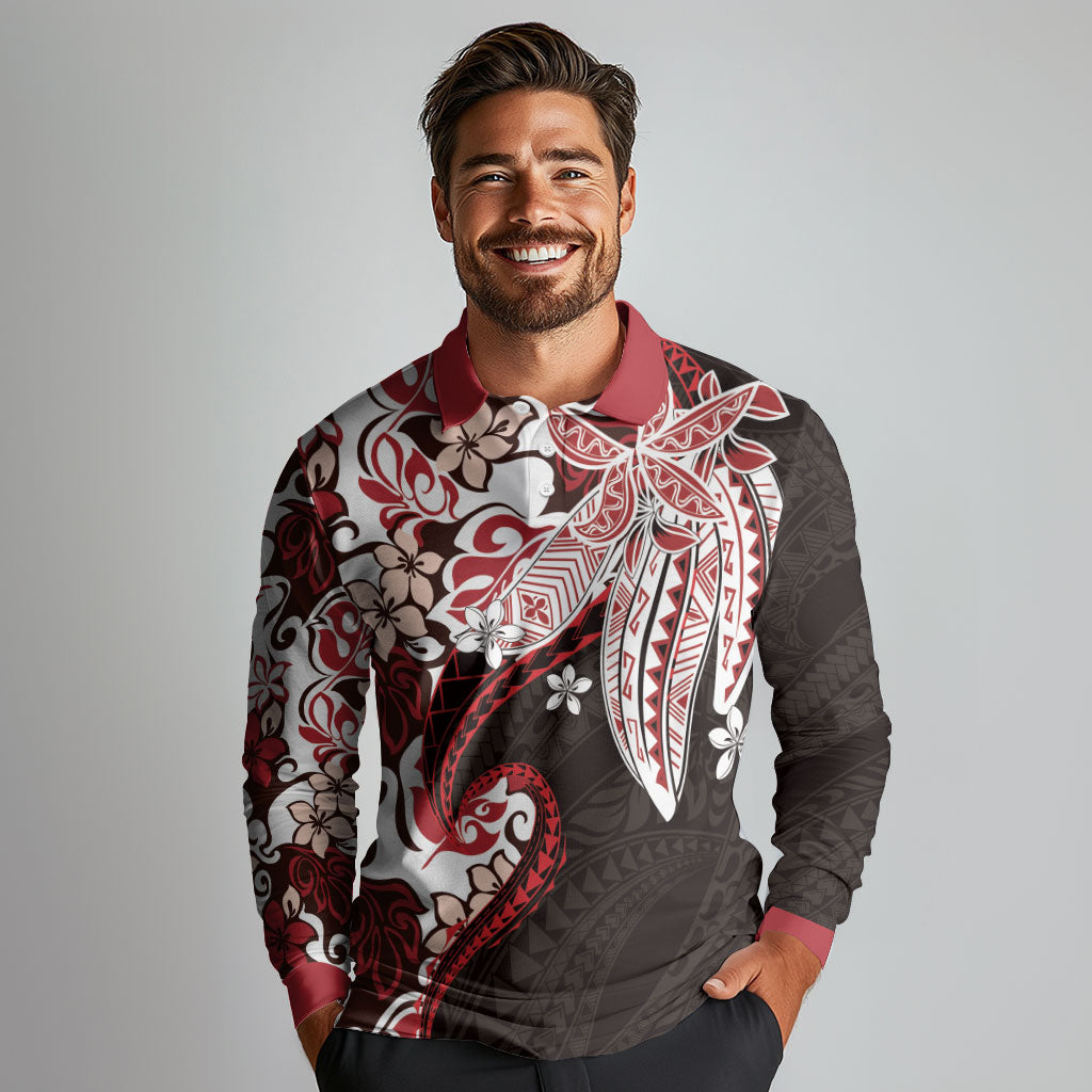Monstera Plumeria Flowers Red Long Sleeve Polo Shirt Polynesian Pattern