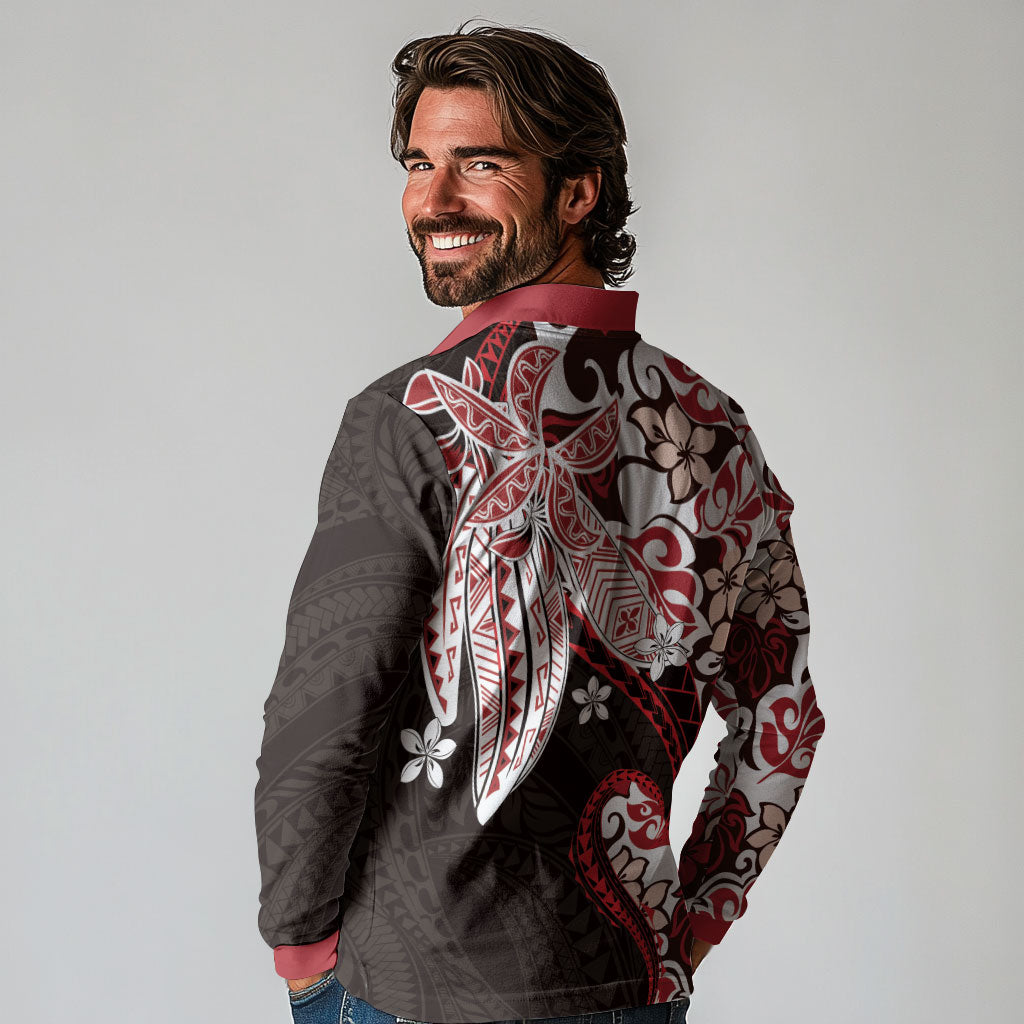 Monstera Plumeria Flowers Red Long Sleeve Polo Shirt Polynesian Pattern