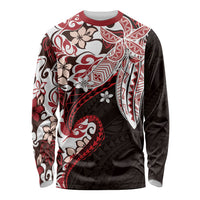 Monstera Plumeria Flowers Red Long Sleeve Shirt Polynesian Pattern