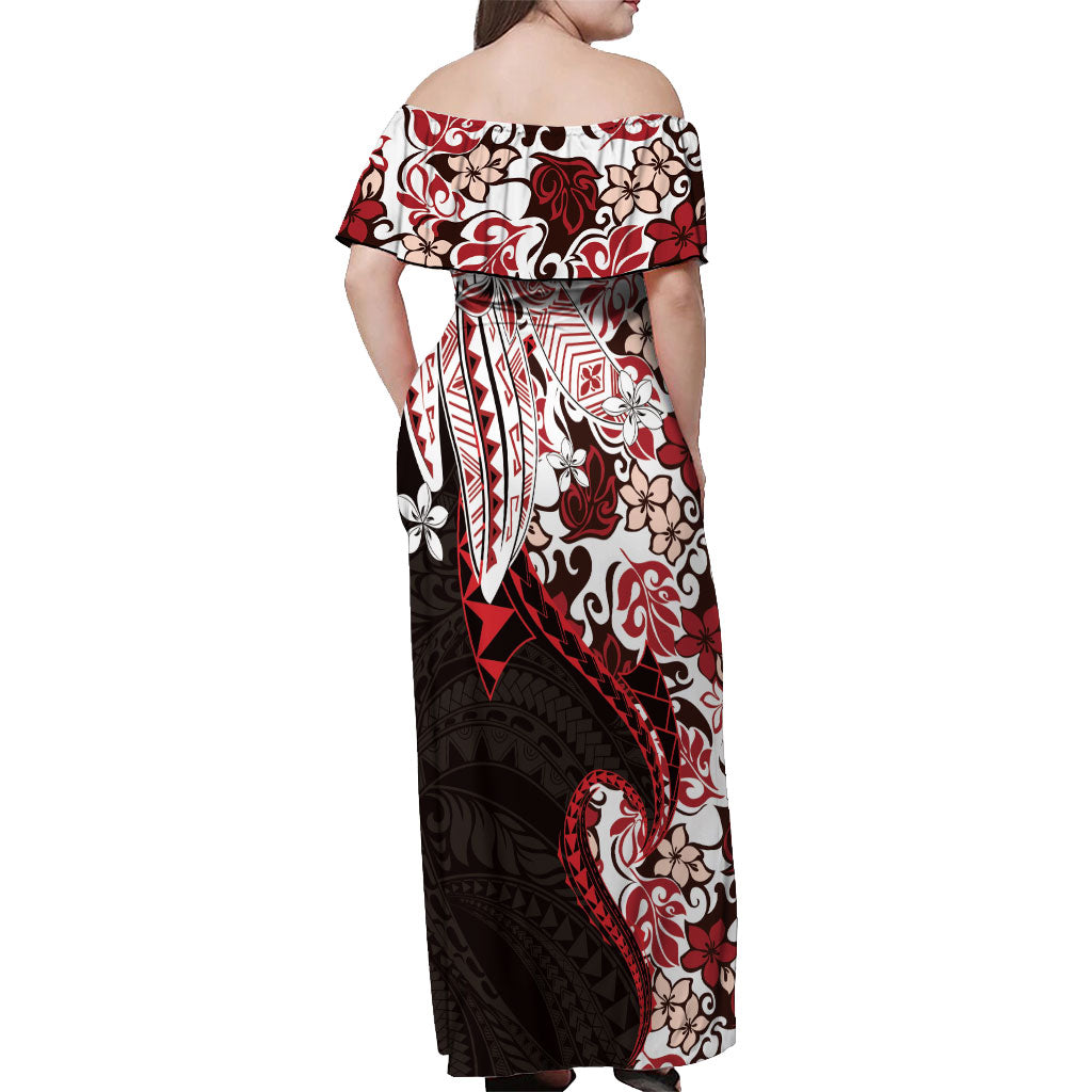 Monstera Plumeria Flowers Red Off Shoulder Maxi Dress Polynesian Pattern