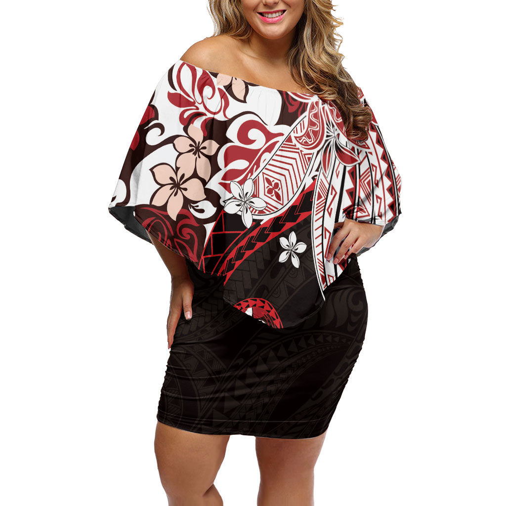 Monstera Plumeria Flowers Red Off Shoulder Short Dress Polynesian Pattern