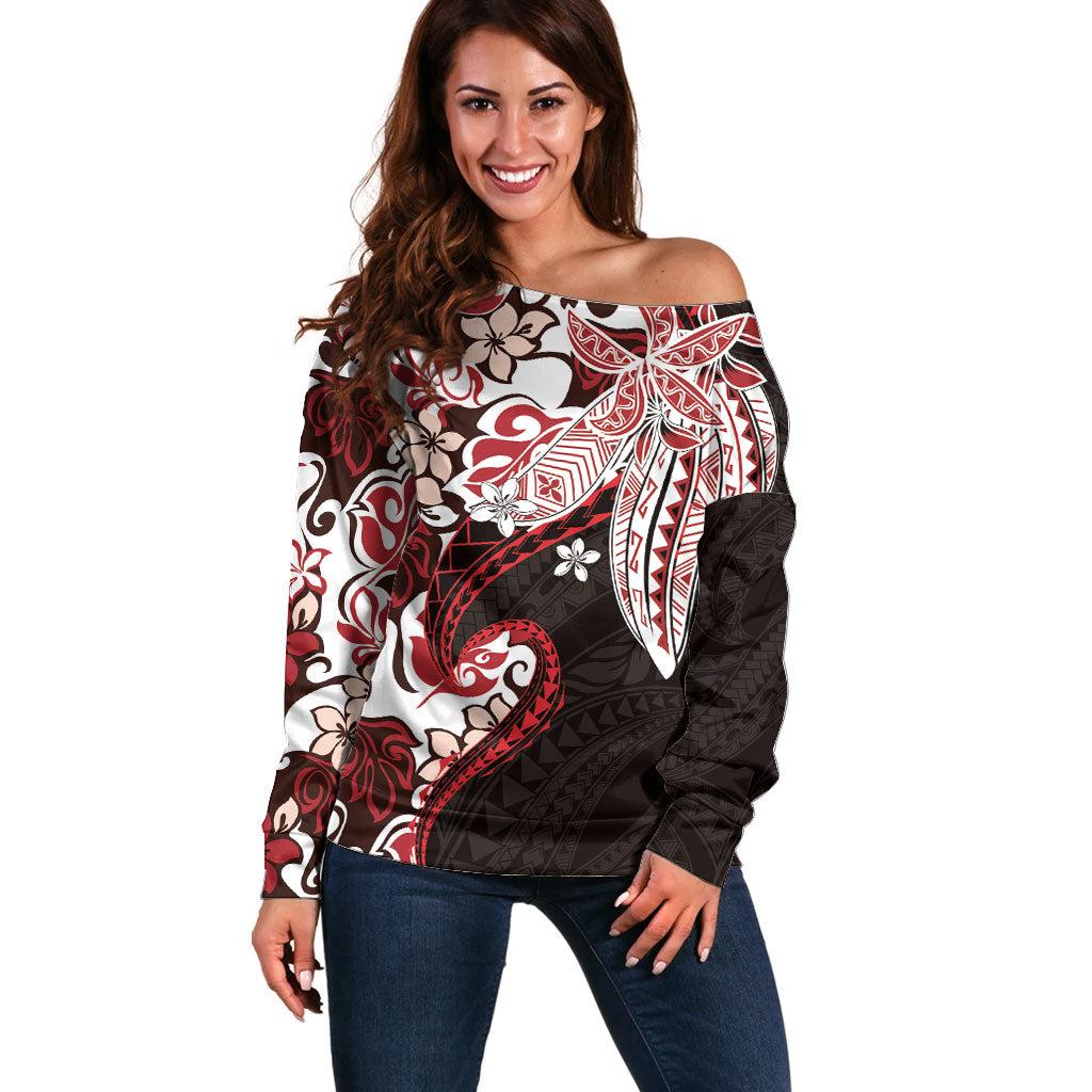 Monstera Plumeria Flowers Red Off Shoulder Sweater Polynesian Pattern
