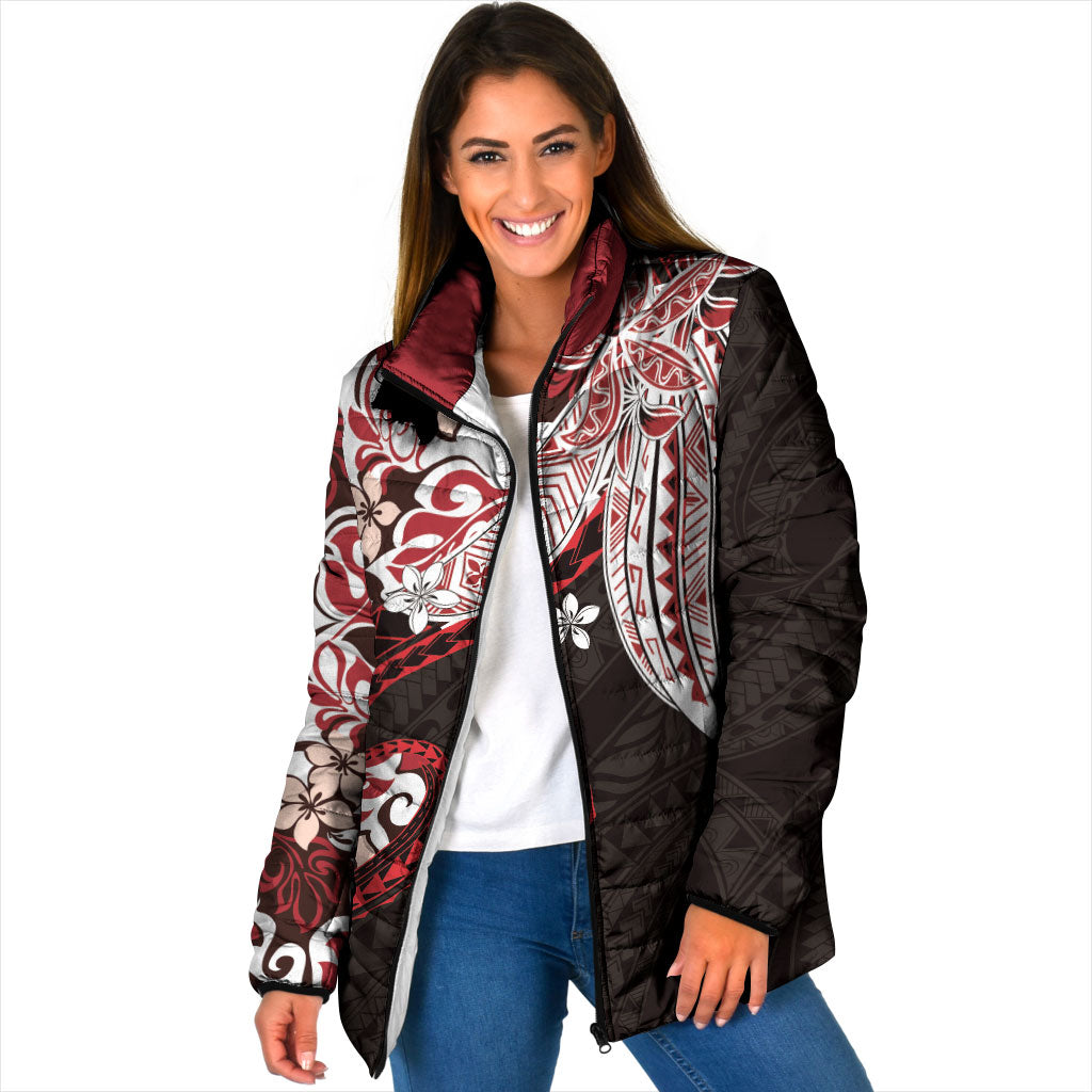 Monstera Plumeria Flowers Red Padded Jacket Polynesian Pattern