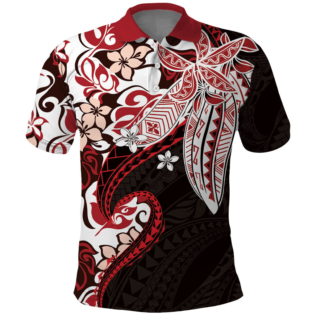 Monstera Plumeria Flowers Red Polo Shirt Polynesian Pattern