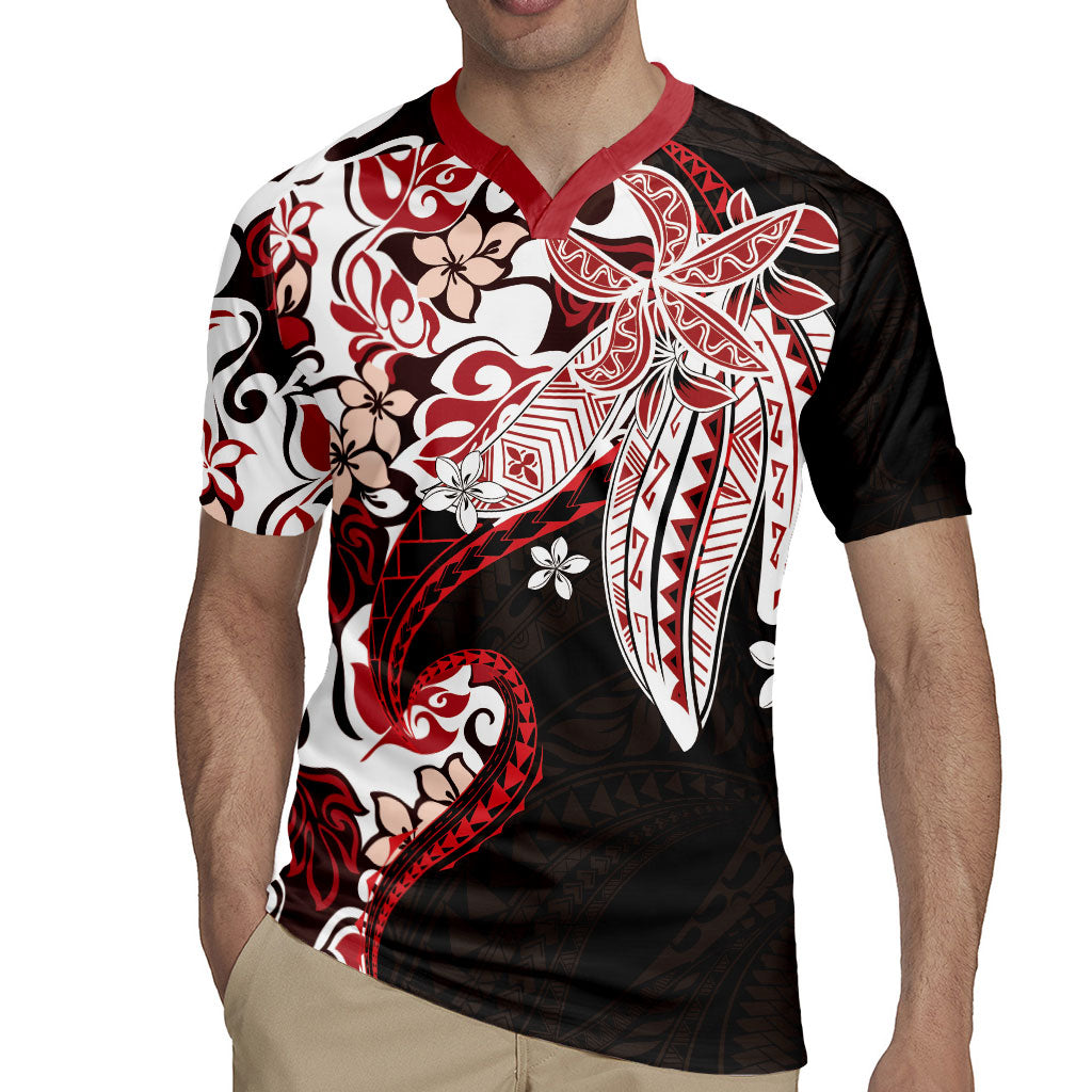 Monstera Plumeria Flowers Red Rugby Jersey Polynesian Pattern