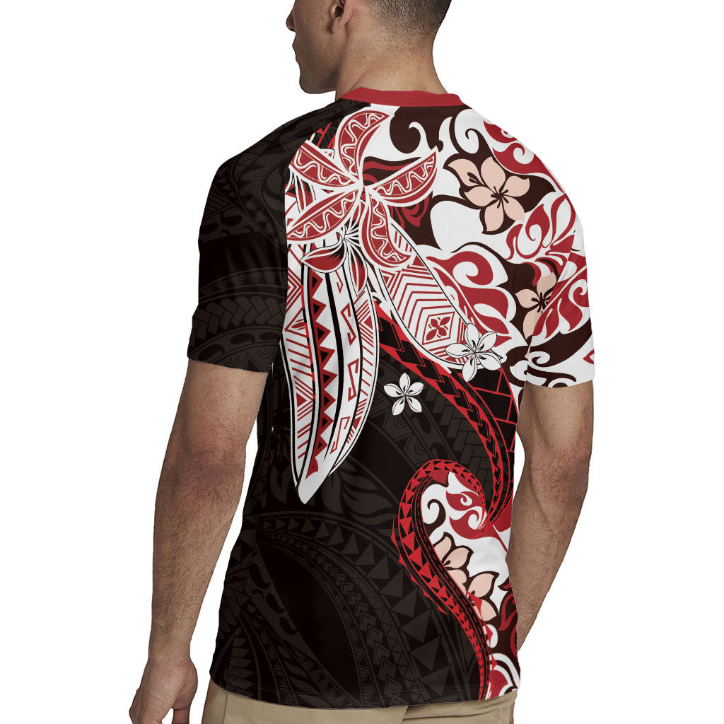 Monstera Plumeria Flowers Red Rugby Jersey Polynesian Pattern