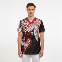 Monstera Plumeria Flowers Red Scrub Top Polynesian Pattern