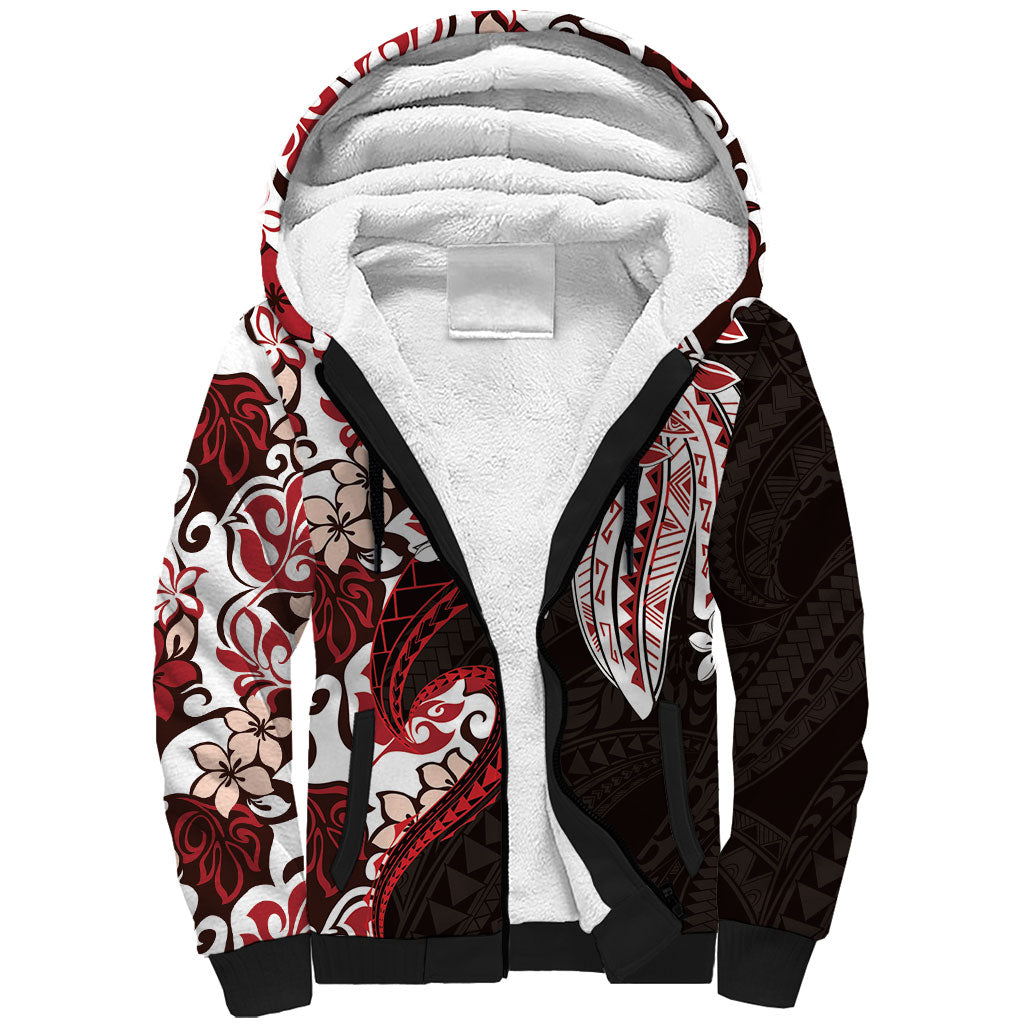 Monstera Plumeria Flowers Red Sherpa Hoodie Polynesian Pattern