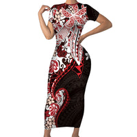 Monstera Plumeria Flowers Red Short Sleeve Bodycon Dress Polynesian Pattern