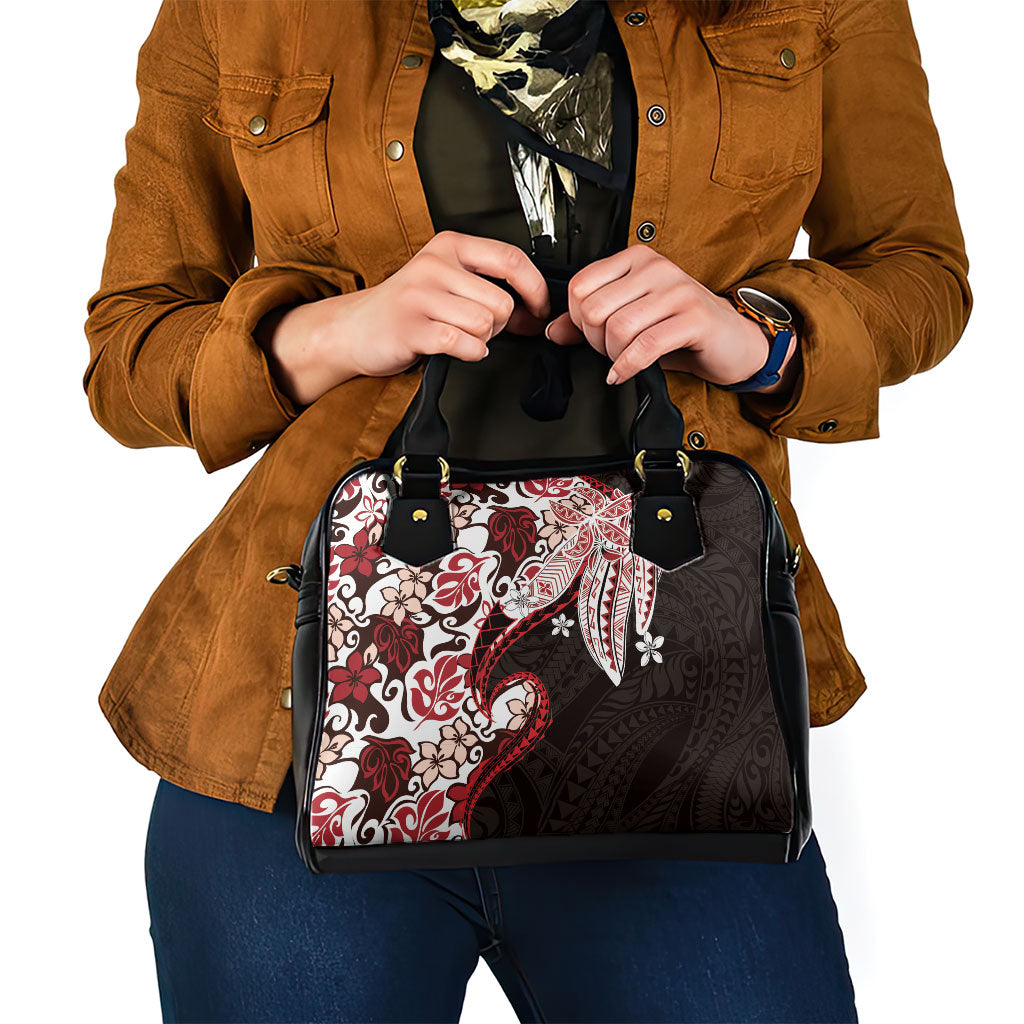 Monstera Plumeria Flowers Red Shoulder Handbag Polynesian Pattern
