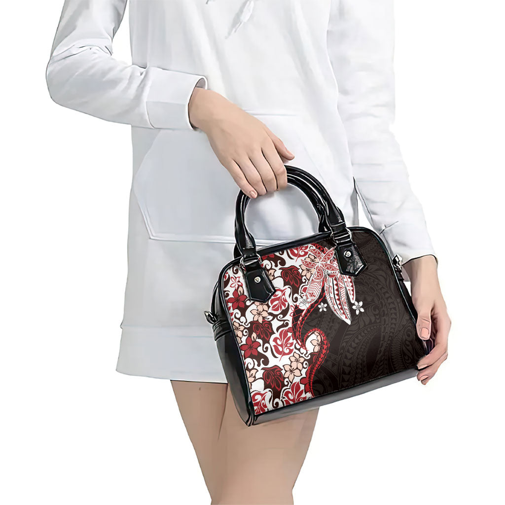 Monstera Plumeria Flowers Red Shoulder Handbag Polynesian Pattern