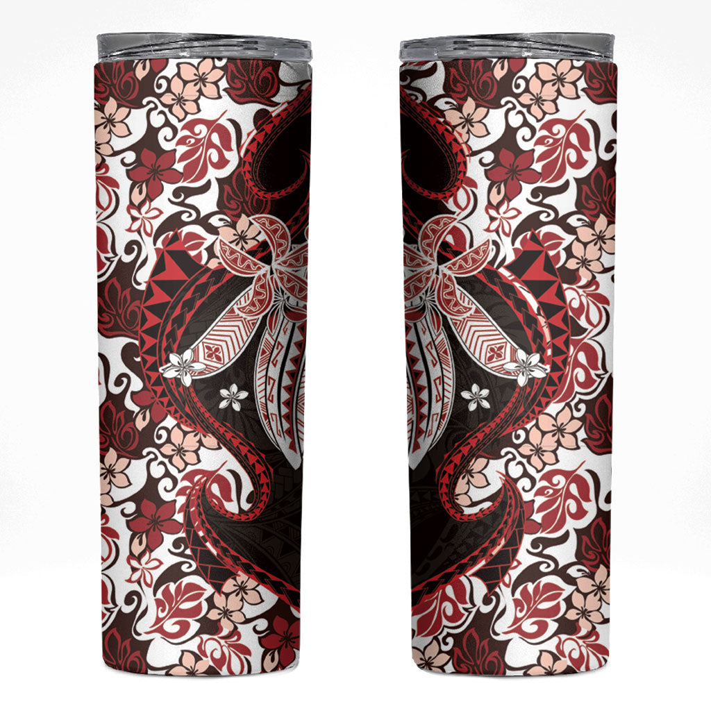 Monstera Plumeria Flowers Red Skinny Tumbler Polynesian Pattern